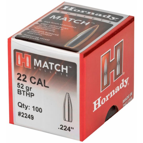 Hornady, Match, .224 Diameter, 22 Caliber, 52 Grain, Boat Tail Hollow Point, 100 Count