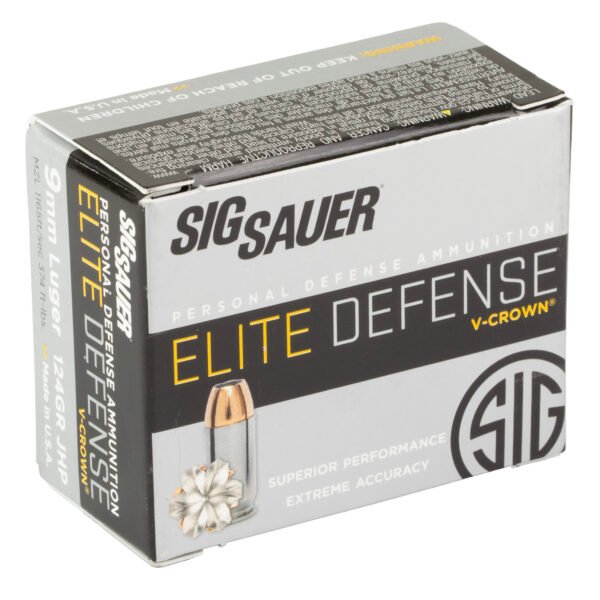 Sig Sauer, Elite Performance V-Crown Ammunition, 9MM, 124 Grain, Jacketed Hollow Point, 20 Round Box