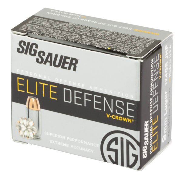 Sig Sauer, Elite Performance V-Crown Ammunition, 9MM, 124 Grain, Jacketed Hollow Point, 20 Round Box
