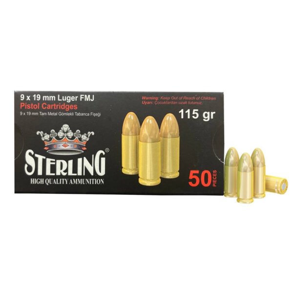 Sterling, Brass Case, 9MM, 115 Grain, Full Metal Jacket, 50 Round Box